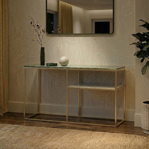 Assorted Marble Top Console Table with Geometric Gold Iron Frame and Lower Shelf, Nirav