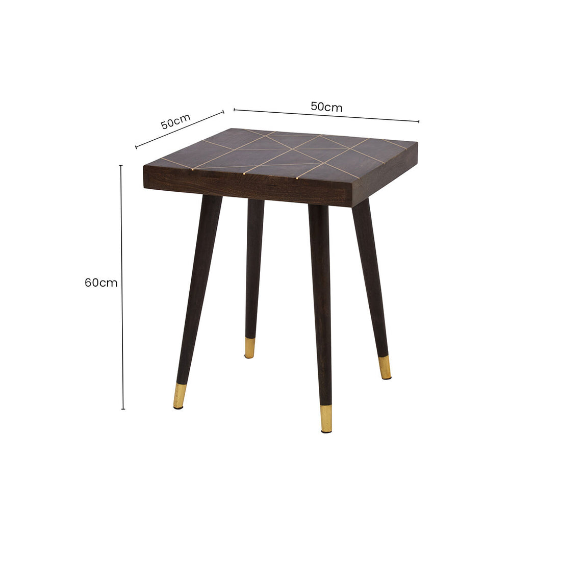 Dark Brown Mango Wood Square Side Table with Gold Tip Legs, Naro