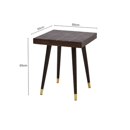 Dark Brown Mango Wood Square Side Table with Gold Tip Legs, Naro