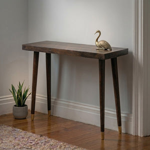 Brown Mango Wood Rectangular Console Table with Gold Tip Legs and Geometric Gold Lines on Top, Naro