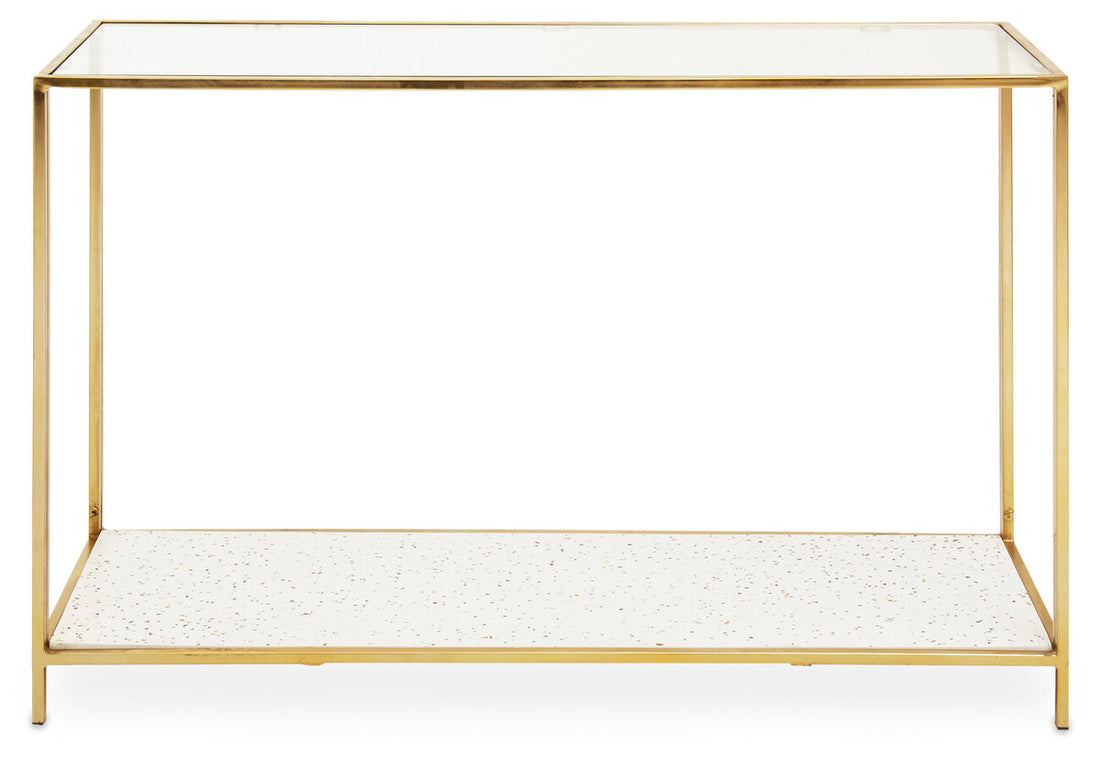 Console table with gold frame and white marble shelf on a white background