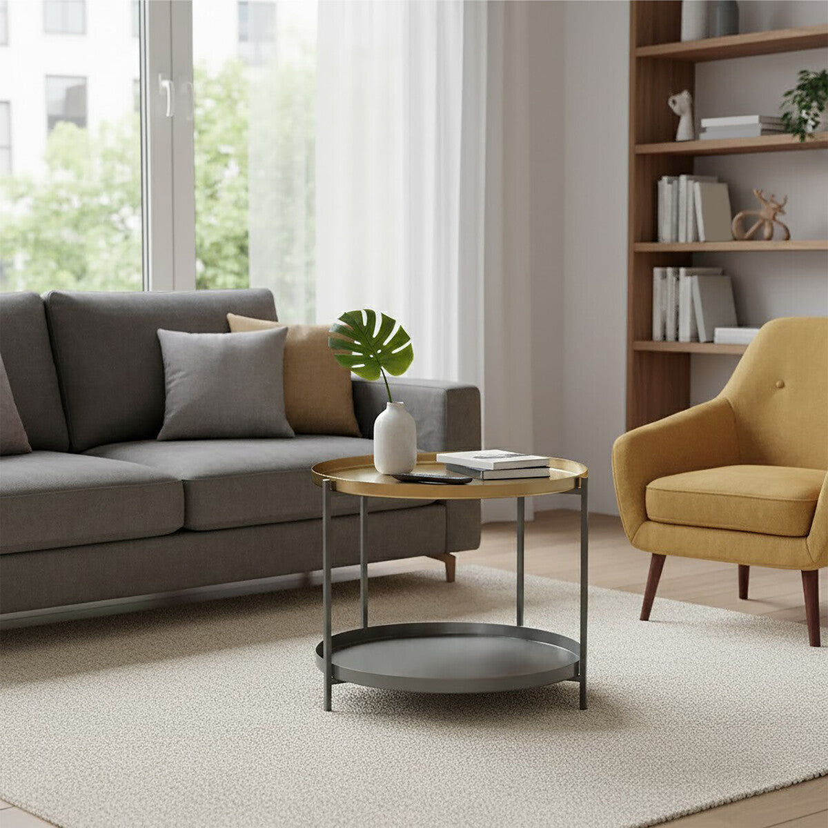 Modern living room with gray sofa, yellow armchair, and round coffee table.