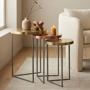 Set of 3 Nesting Side Tables with Warm Metallic Round Tops and Grey Metal Bases, Korba
