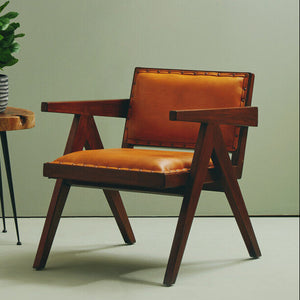 Inca Tan Leather and Teak Wood Chair with A Frame Legs