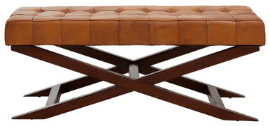 Brown leather bench with wooden legs on a white background