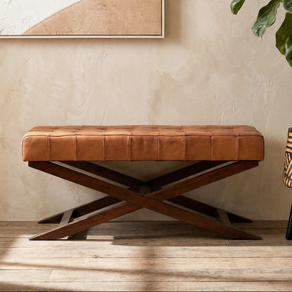 Inca Brown Genuine Leather Bench with Cedarwood Base