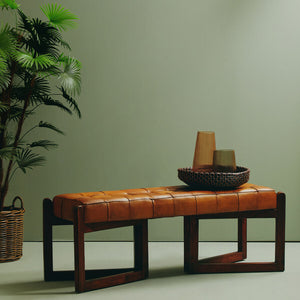 Inca Brown Leather Bench With Wooden Base