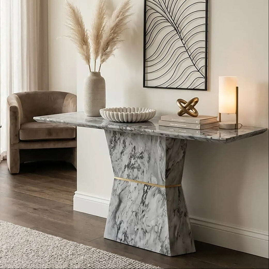 Grey Marble Console Table with Multifaceted Base, Spezia