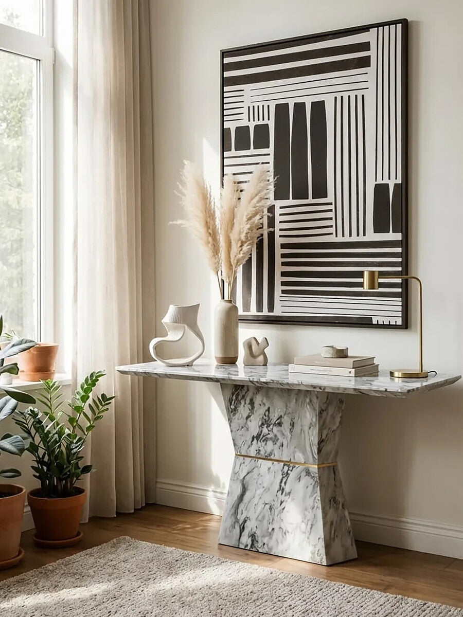 Grey Marble Console Table with Multifaceted Base, Spezia