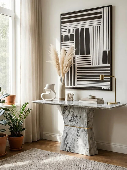 Grey Marble Console Table with Multifaceted Base, Spezia