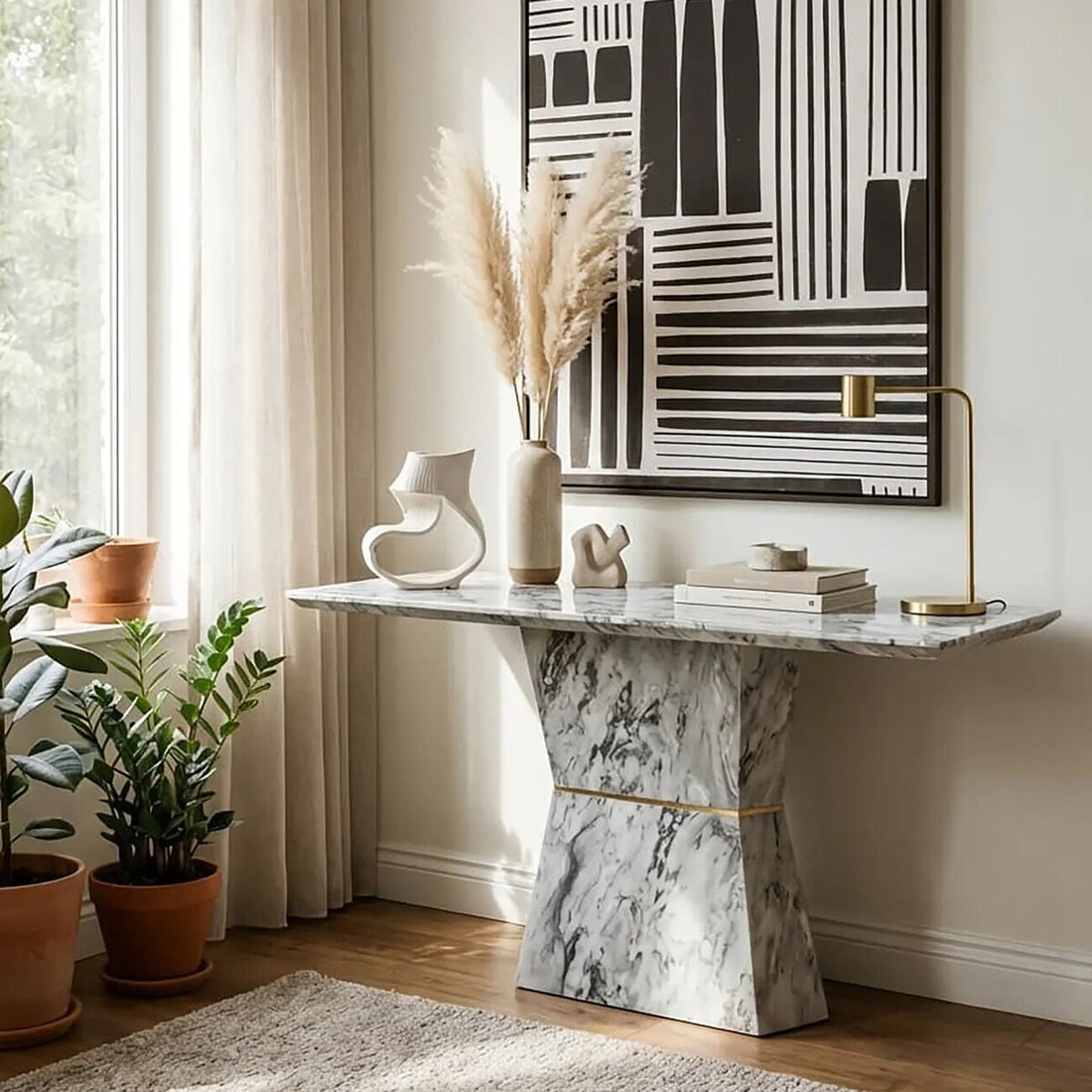 Grey Marble Console Table with Multifaceted Base, Spezia