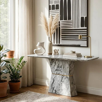 Grey Marble Console Table with Multifaceted Base, Spezia