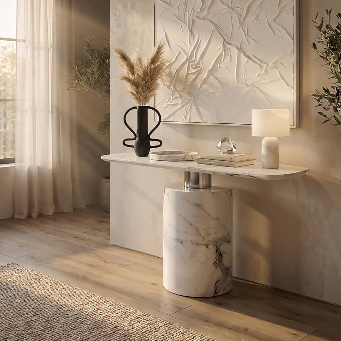 White Marble Console Table with Grey Veining and Stainless Steel Column Base, Sesto