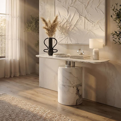 White Marble Console Table with Grey Veining and Stainless Steel Column Base, Sesto