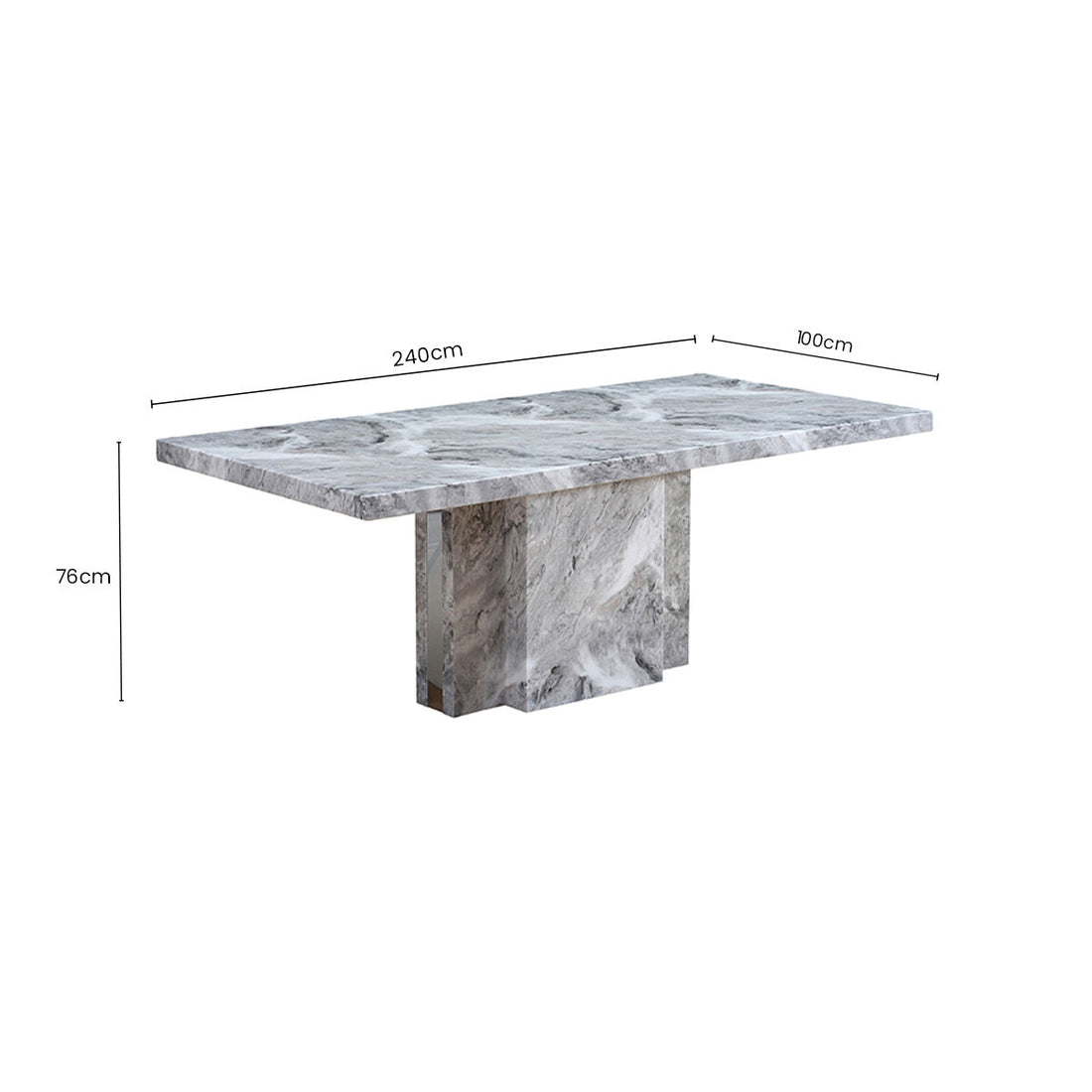 Grey Marble Top Dining Table with Pedestal Base and Stainless Steel Silver Trim, Saronno