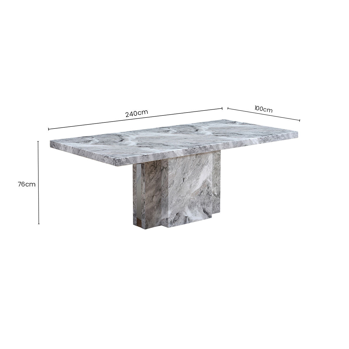 Grey Marble Top Dining Table with Pedestal Base and Stainless Steel Silver Trim, Saronno