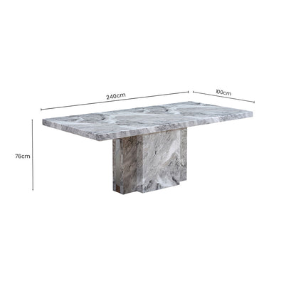 Grey Marble Top Dining Table with Pedestal Base and Stainless Steel Silver Trim, Saronno