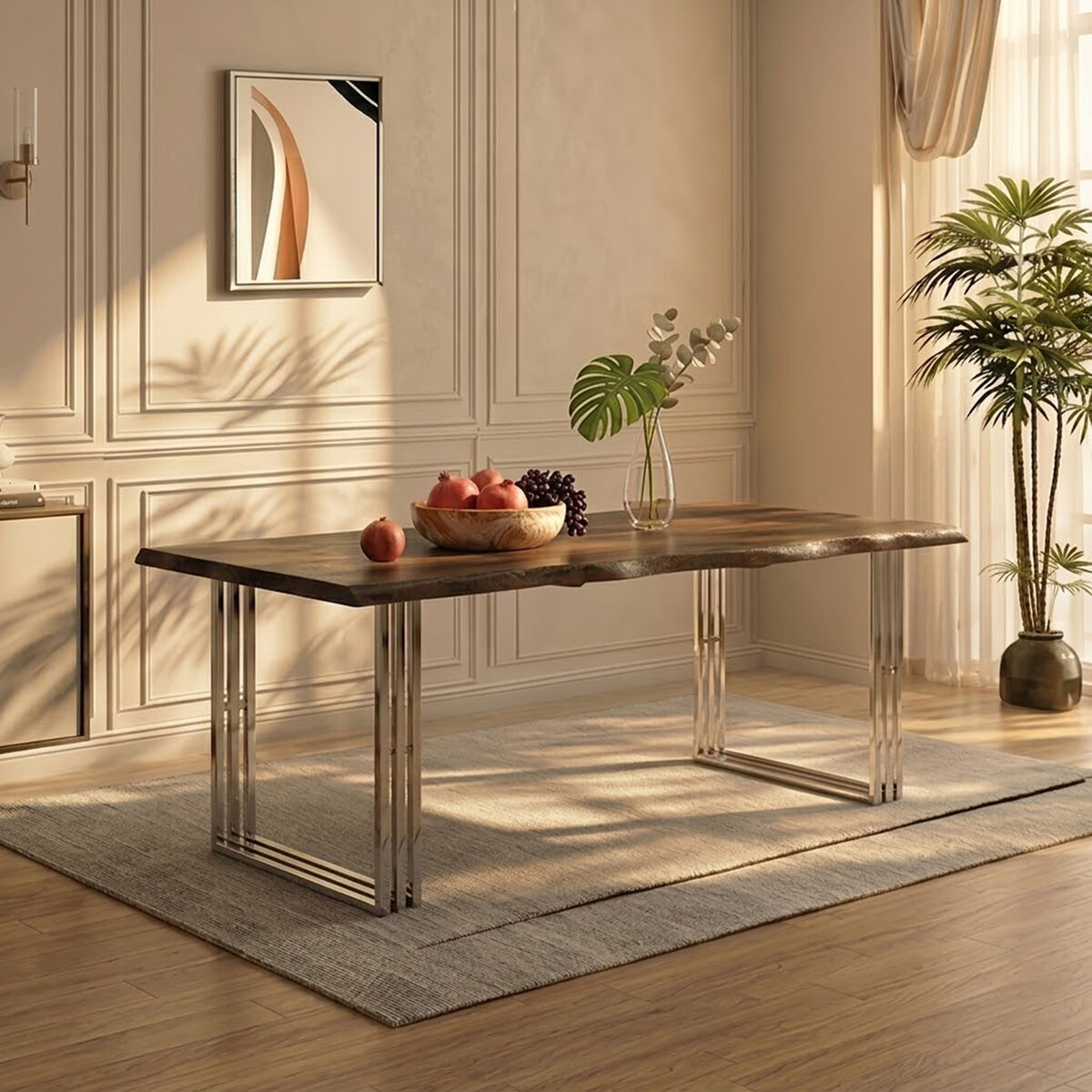 Natural Wood Top Dining Table with Stainless Steel Looped Base, Hampstead
