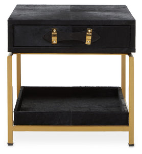 Black Hair-On-Hide Leather Bedside Table with Gold Metal Frame and 1 Drawer | Kensington Townhouse