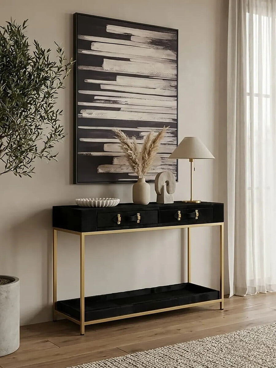 Black Hair-On-Leather 2-Drawer Console Table with Gold-Finished Metal Frame, Kensington Townhouse