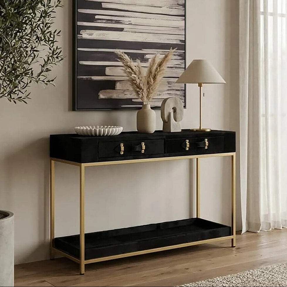 Console table with decorative items in a living room setting