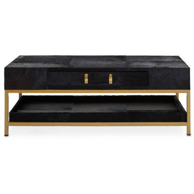 Black marble coffee table with gold accents on a white background