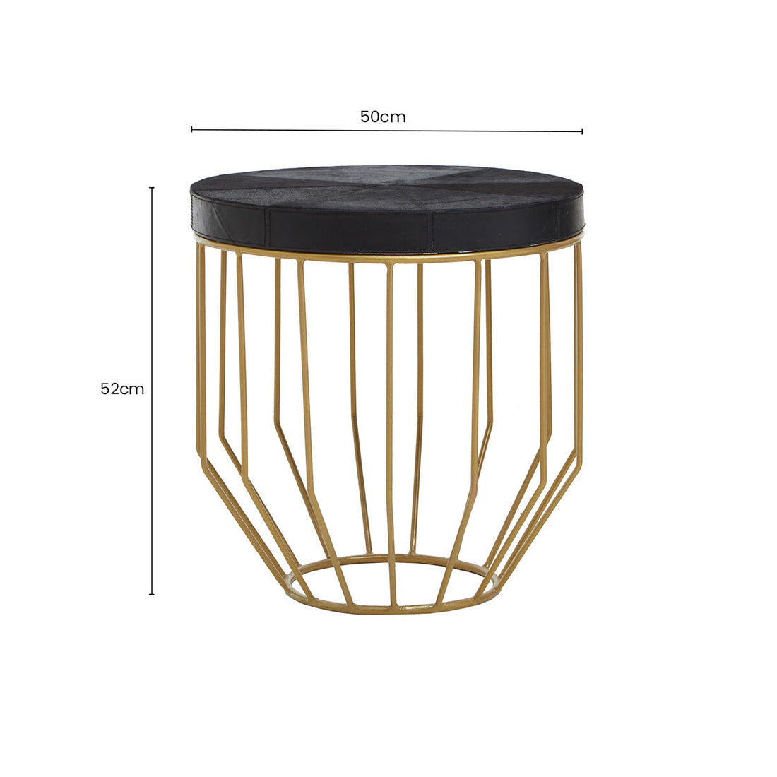 Black Hair-On-Hide Leather Round Top Side Table with Geometric Gold Metal Frame, Kensington Townhouse