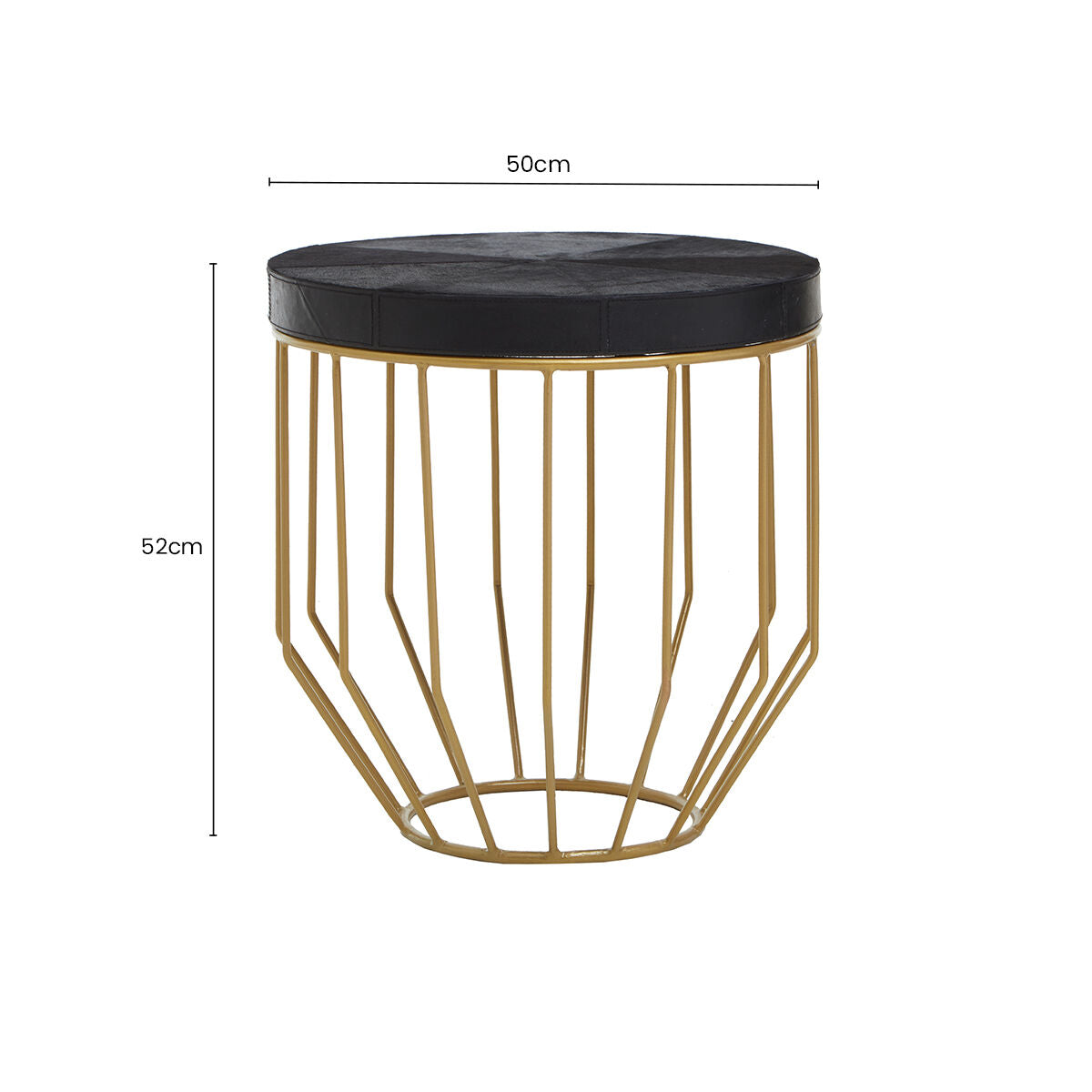 Black Hair-On-Hide Leather Round Top Side Table with Geometric Gold Metal Frame, Kensington Townhouse