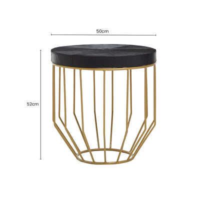 Black Hair-On-Hide Leather Round Top Side Table with Geometric Gold Metal Frame, Kensington Townhouse