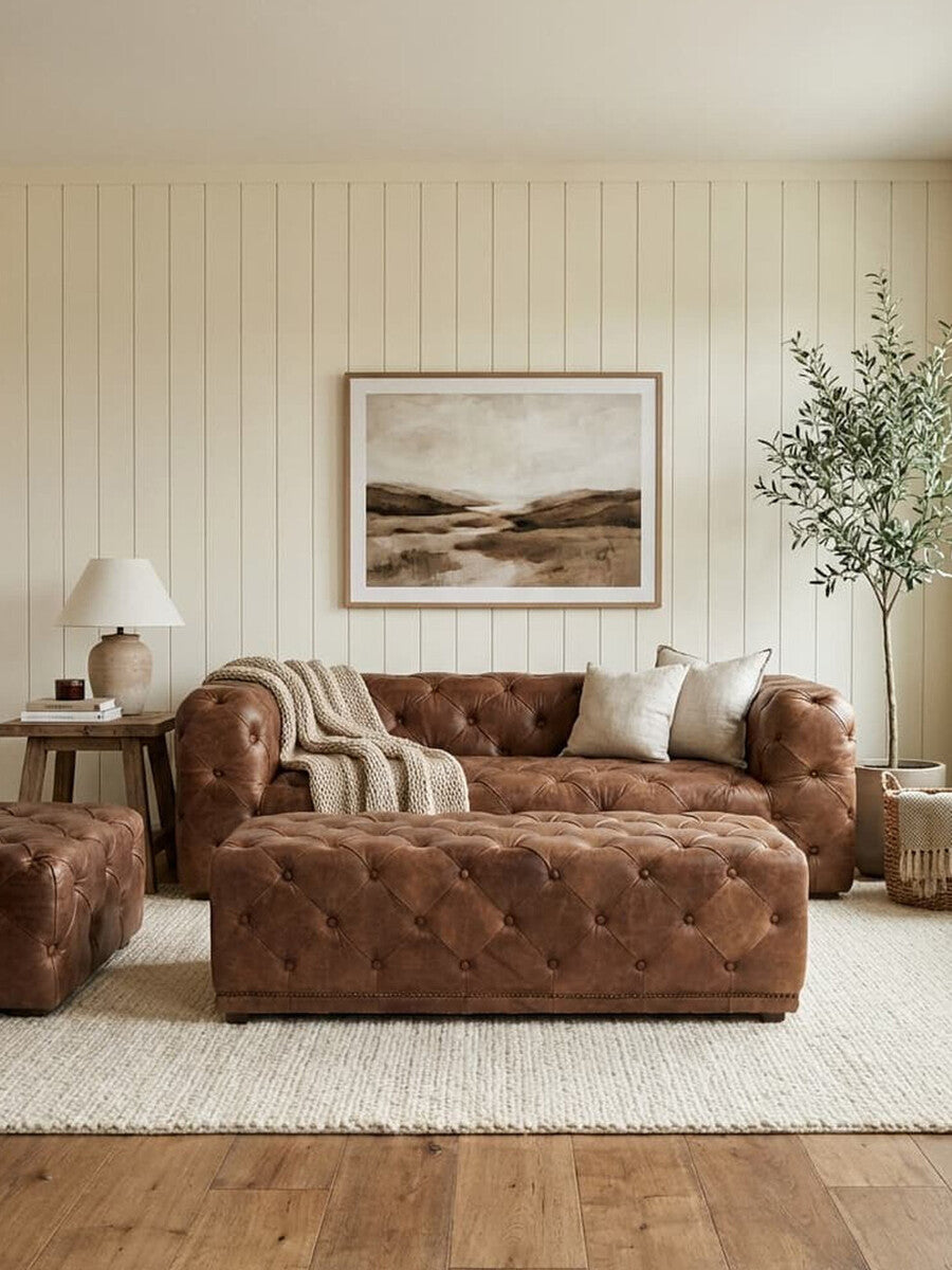 Brown Leather Rectangle Chesterfield Ottoman, Hoxton - Image 6