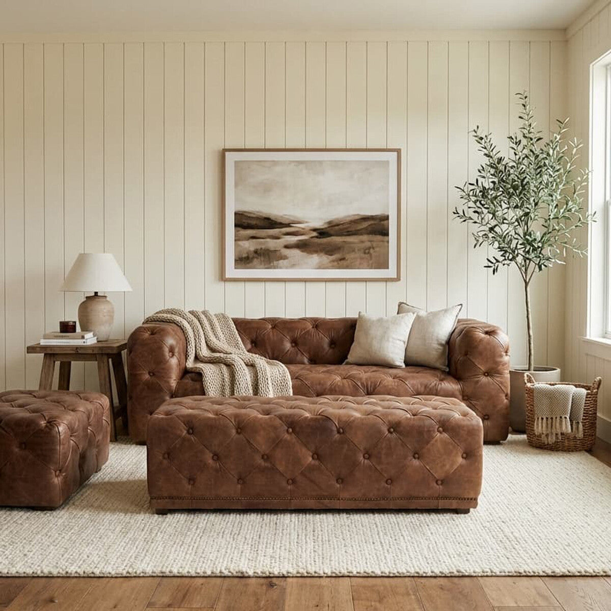 Brown Leather Rectangle Chesterfield Ottoman, Hoxton - Image 1