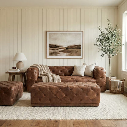 Brown Leather Rectangle Chesterfield Ottoman, Hoxton - Image 1