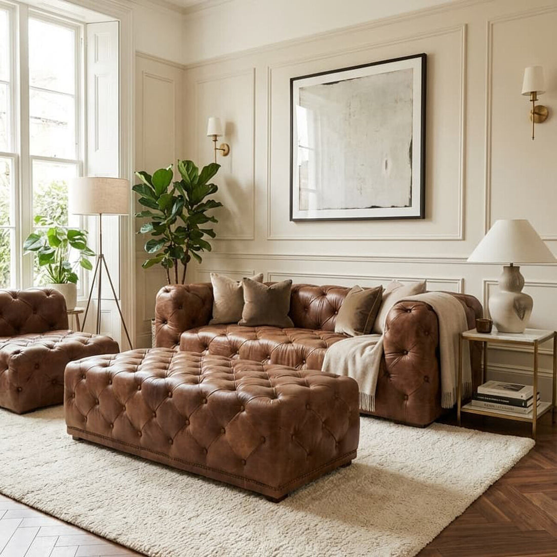 Brown Leather Rectangle Chesterfield Ottoman, Hoxton - Image 3