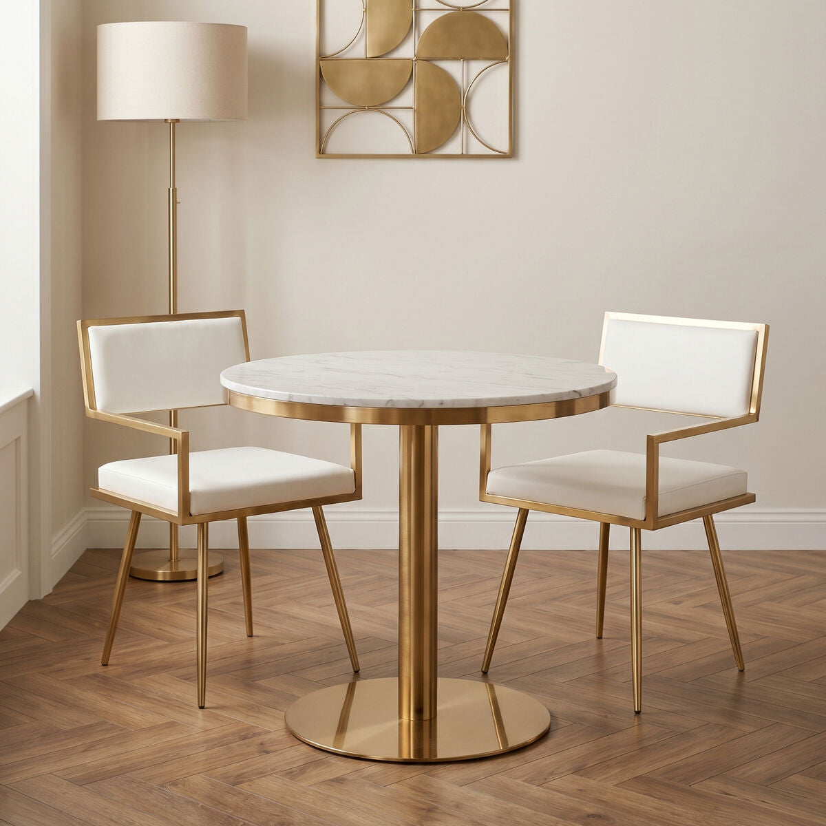 White Marble Round Top Dining Table with Luxe Gold Finish Pedestal Base, Azalea