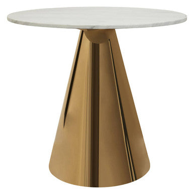 Round table with a white marble top and gold metallic base on a white background