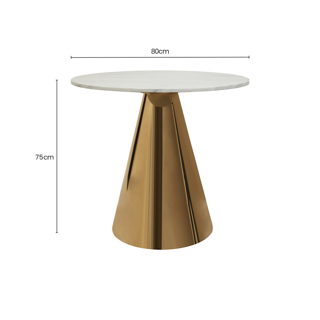 White Marble Top Round Dining Table with Gold Finish Conical Base, Azalea