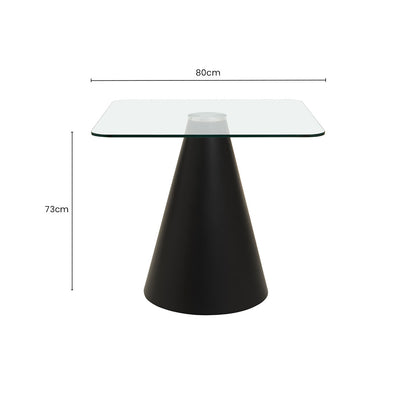 Clear Glass Square Top Dining Table with Black Conical Base, Azalea