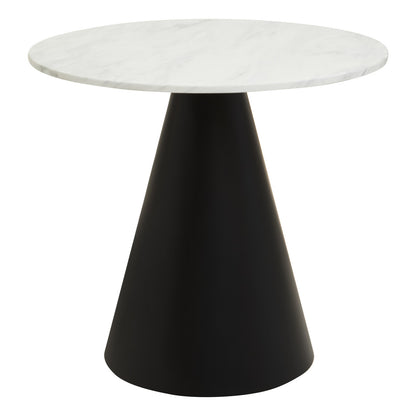Round table with white top and black cone-shaped base on a white background
