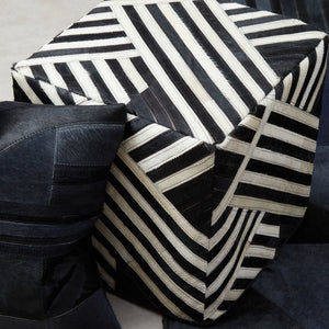 Bosie Black and White Stripe Leather Pouffe | Safira