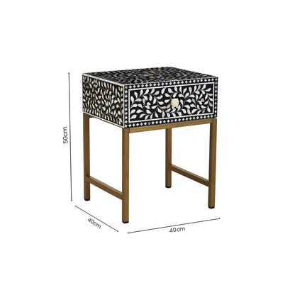 Black Wood Inlay 1-Drawer Side Table with Floral Handle and Gold Metal Finish Base | Fusion