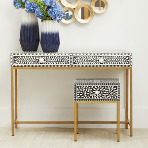 Black and White Floral Bone Inlay Console Table with 2 Storage Drawers and Gold Metal Base, Fusion