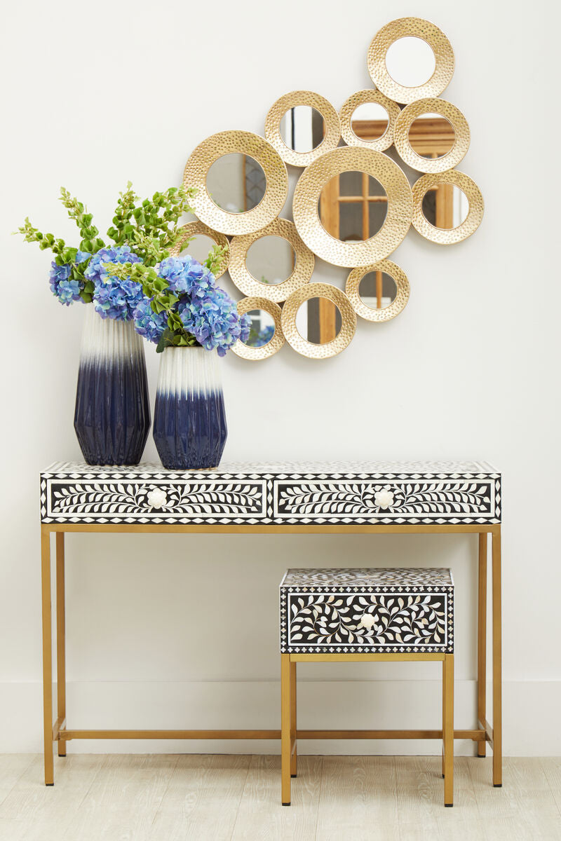 Black and White Floral Bone Inlay Console Table with 2 Storage Drawers and Gold Metal Base, Fusion