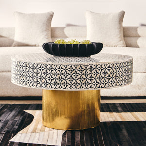 Fusion Black and White Bone Inlay Round Coffee Table with Gold Base