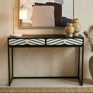 Fusion Black and White Bone Inlay Console Table with 2 Drawers