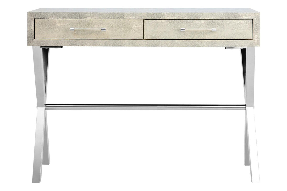 Console table with two drawers on a white background