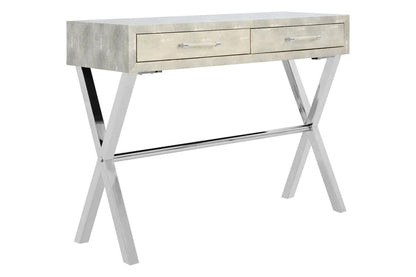 Two Drawer Grey Shagreen Effect Console Table with Stainless Steel Frame, Cardona