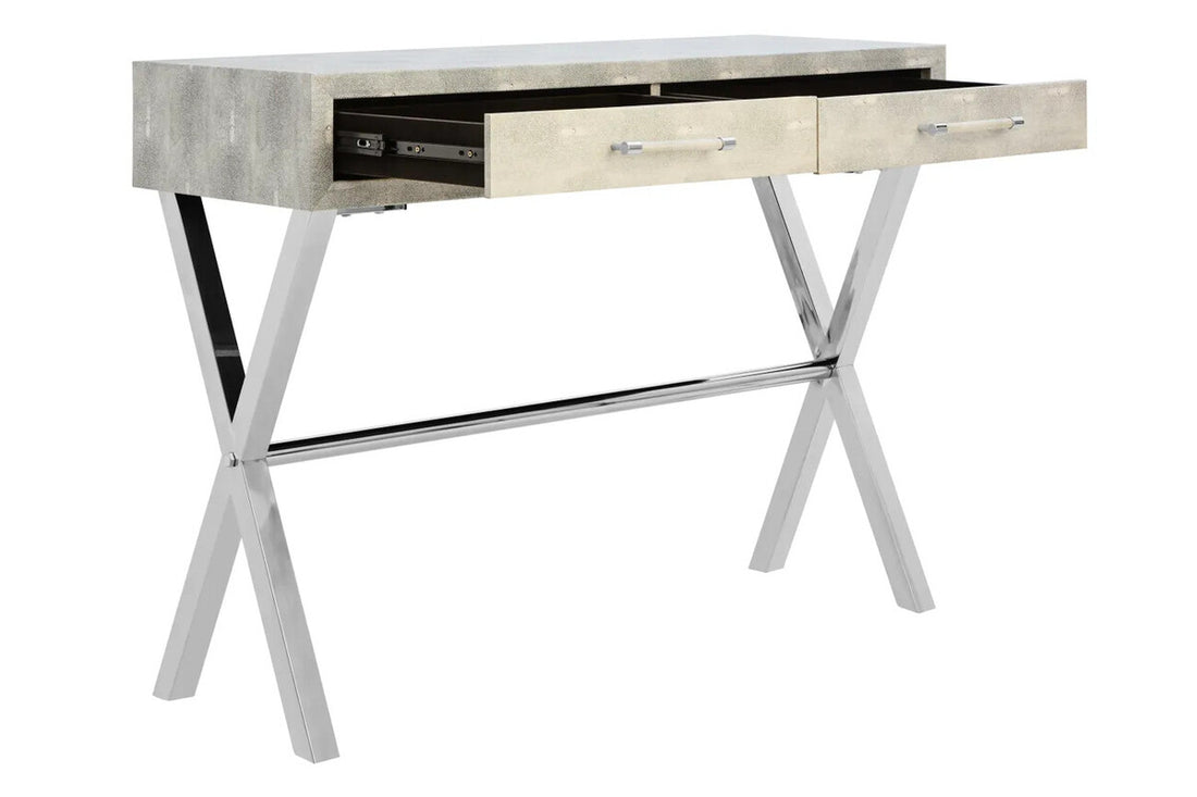 Two Drawer Grey Shagreen Effect Console Table with Stainless Steel Frame, Cardona