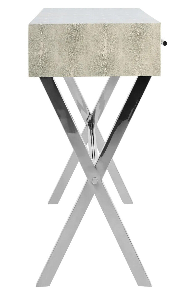 Two Drawer Grey Shagreen Effect Console Table with Stainless Steel Frame, Cardona