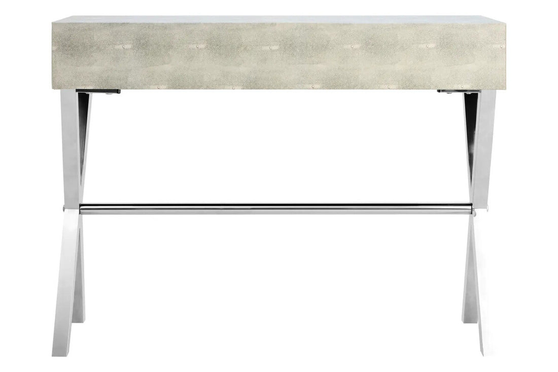 Two Drawer Grey Shagreen Effect Console Table with Stainless Steel Frame, Cardona