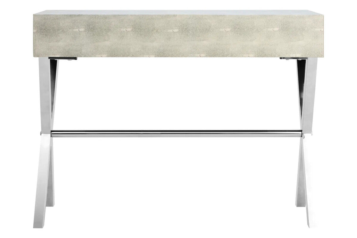 Two Drawer Grey Shagreen Effect Console Table with Stainless Steel Frame, Cardona